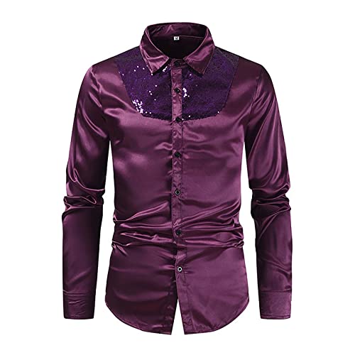 Glitzer T Shirt Herren Pailletten Shirt Glitzerhemd Mode Hemd Revers Goldenes 80er Jahre Lange Ärmel Satin Langarm Button Down Shirts 70er Disco Party Kostüm von DRALOFAO