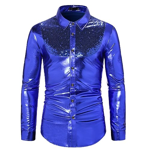 Glitzerhemd Herren Glitzer Shirt Lange Ärmel 80er Jahre Hemd Revers Pailletten Goldenes Mode Satin Glänzend Slim Fit Langarmhemd Business Für Party Nachtclub von DRALOFAO