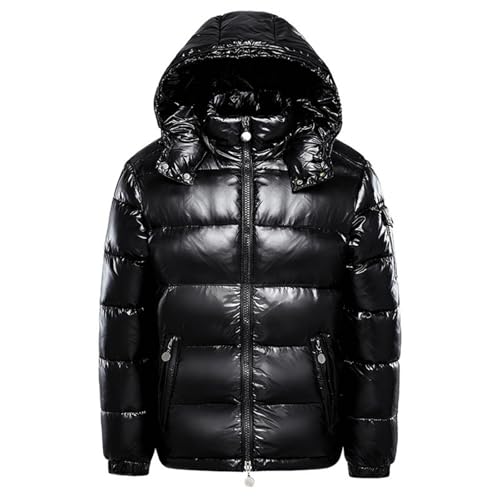 Herren Daunenjacke Winter, Glänzende Winterjacke Herren Schwarz Daunenjacke Mit Kapuze - Winter Schnee Unten Jacken Metall Glänzende Puffer Jacke Langarm Männer Wintermantel Mit Reißverschluss von DRALOFAO