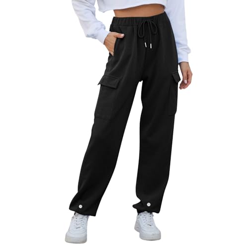 Joggpants Damen, Jogginghose Damen Mit Taschen Einfarbig Freizeithose - Relaxhose Baumwolle Stoffhose Elegant Joggpant Sommerlich High Waist Sweathose Gerades Bein Hosen von DRALOFAO