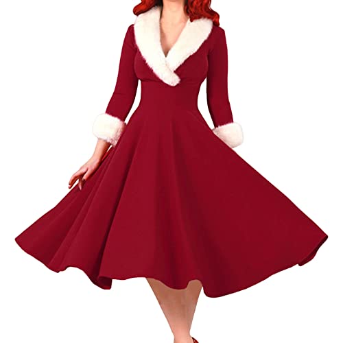 Kleid Weihnachten Damen, Weihnachtskleid Damen Rot Lang V-Ausschnitt Weihnachten Kleid - Sexy Langarm Vintage Weihnachtskleider Elegant Frauen Rotes Kleid Tunika Christmas Dresses Weihnachts Partyklei von DRALOFAO