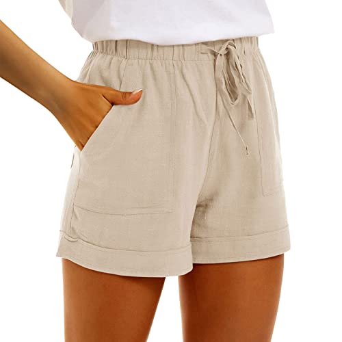 Kurze Hosen Damen, Kurze Hose Damen Sommer Leinen Shorts Mit Taschen Freizeit Shorts Sport Laufhose Kordelzug Stretch Weite Stoffhose Freizeit Sportshorts Mit Kordelzug Laufhose von DRALOFAO