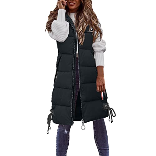 Lange Weste Damen Steppweste Mit Kapuze Warmer Daunenweste Mit Reissverschluss Taschen - Winter Übergangsweste Ärmellose Elegant Gilet Leicht Winterjacke Frauen Warme Softshelljacke von DRALOFAO