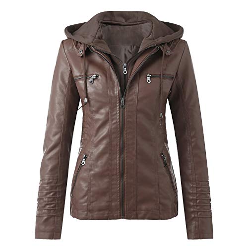 Lederjacke Damen Kunstlederjacke mit Reißverschluss Leather-Jacket Kapuze Winterjacke, Schlanke Passform Oberbekleidung mit Reißverschluss und Tasche von DRALOFAO