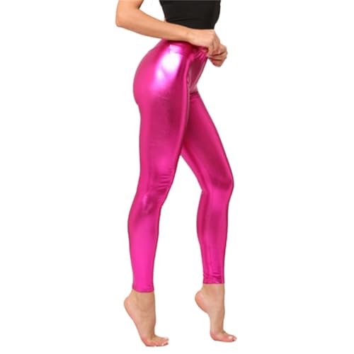 Leggings Metallic Damen, Leggins Silber Metallic Damen Glänzende Hose - 80Er Hoher Taille Shiny Leggings Party Tanz Disco Kostüm Karneval Space Kostüm Metallischer Hosen Silber Goldene Leggins von DRALOFAO