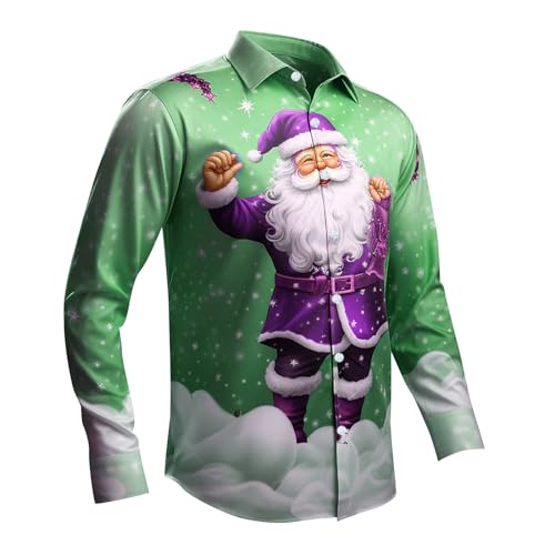 Lustig Weihnachten Hemd Herren 3D Druck Weihnachtsmann Weihnachtshemd - Langarm Knöpfbar Stehkragen Weihnachts Hemd Hawaii Hemden Männer Weihnachten Ugly Shirt Weihnachten Festival Party Shirt von DRALOFAO