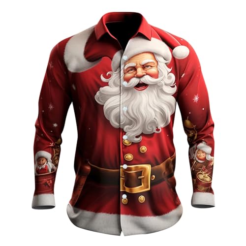 Lustig Weihnachten Hemd Herren 3D Druck Weihnachtsmann Weihnachtshemd - Langarm Knöpfbar Stehkragen Weihnachts Hemd Hawaii Hemden Männer Weihnachten Ugly Shirt Weihnachten Festival Party Shirt von DRALOFAO