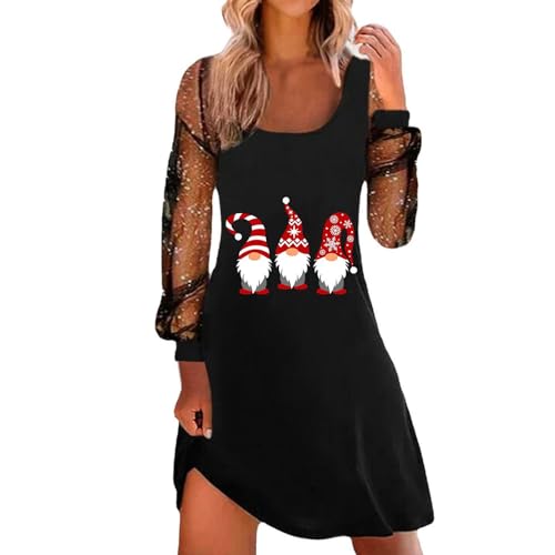 Lustig Weihnachtskleid Damen Weihnachten Kleid Mit Rot Weinglas Druck Rundhals Langarm Weihnachts Kleider - Sexy Mesh Lose Christmas Dress Winter Elegant Einfarbig Festkleid Fur Frauen von DRALOFAO