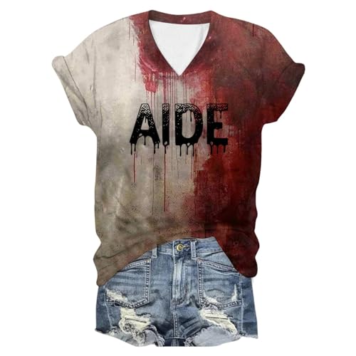 Problem Gelöst Shirt Damen Halloween Solved - Lose T-Shirt Drucken Kostüm Kurze Ärmel I'm Fine Blood Kurzarm T Mit Blutigem Bedrucktes Shirts Blut Verletzung Horror Leicht Tops Oberteil von DRALOFAO