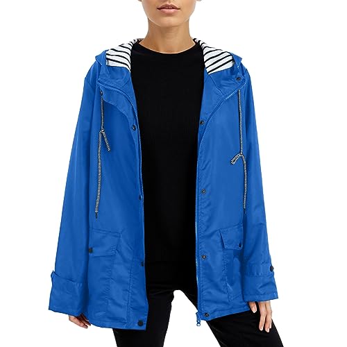 Regenjacke Damen Wind-Wasserdicht Kapuzenjacke Lang Zipper Windbreaker Einfarbig Outdoor Regenjacken Einstellbar Tasche Softshellmantel Mode Übergangsjacke Vintage Klassisch wasserdichte Regenjacken von DRALOFAO