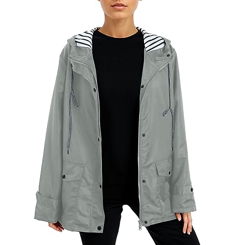 Regenjacke Damen Wind-Wasserdicht Kapuzenjacke Lang Zipper Windbreaker Einfarbig Outdoor Regenjacken Einstellbar Tasche Softshellmantel Mode Übergangsjacke Vintage Klassisch wasserdichte Regenjacken von DRALOFAO