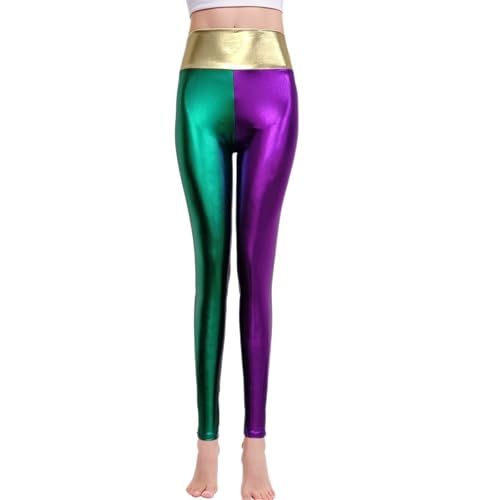 Silber Leggings Damen, Leggins Silber Metallic Damen Glänzende Hose - 80Er Hoher Taille Shiny Leggings Party Tanz Disco Kostüm Karneval Space Kostüm Metallischer Hosen Silber Goldene Leggins von DRALOFAO