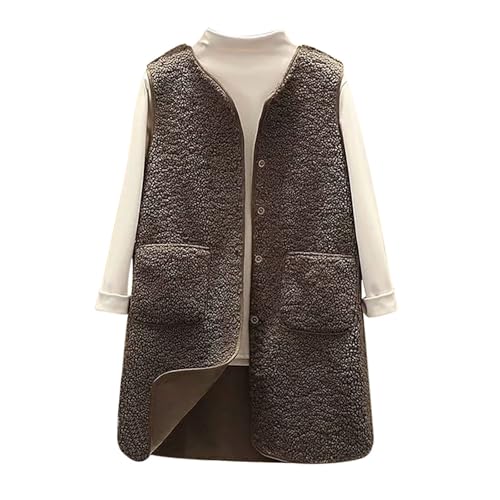 Teddy Fleece Weste Damen Lang Fellweste Mit Taschen - Ärmellos Teddyfleece Jacke Winter Warme Fleeceweste Leicht Casual Einfarbig Damenweste Knöpfen Plüschweste Herbst Und Winter Westen von DRALOFAO