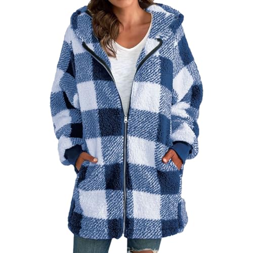 Teddy Jacke, Teddyjacke Damen Karierte Teddy Fleece Mantel - Teddyfutter Plüschjacke Mit Kapuze Und Reißverschluss Fleecejacke Warm Winterjacke Warme Sherpa Fleece Teddy Jacke von DRALOFAO