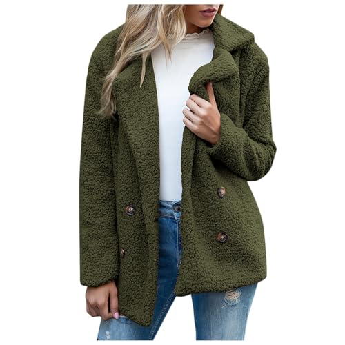 Teddy Jacke Damen, Fleecejacke Damen Winter Warme Plüschjacke Mit Taschen - Einfarbig Revers Flauschige Herbst Wintermantel Outdoor Teddyfleece Knöpfen Fleece Jacke Für Frauen von DRALOFAO