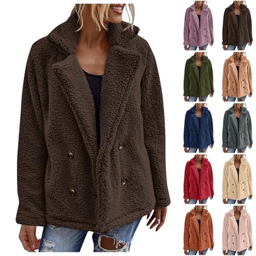 Teddyfleece Jacke Damen, Plüschjacke Damen Warme Gefüttert Plüschjacke Mit Taschen - Knöpfen Herbst Winterjacke Outdoor Teddyfleece Einfarbig Revers Flauschige Fleece Jacke von DRALOFAO