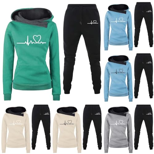 Trainingsanzug Damen Set 2 Teilig Herzschlag-Druck Tracksuit, Slim Hosenanzug Sport Freizeit Kapuzenpullover Y2K Baggy Hoodie Mit Taschen Streatwear Trainingsanzüge von DRALOFAO