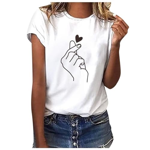 Tshirt Damen Sommer Oberteile Kurzarm Blusen - Basic Shirt mit Aufdruck Rundhalsausschnitt Damenbluse, Lässige Weiß T-Shirt Tee Tops Lockere Elegant Tunika Bluse Sportshirt 0 von DRALOFAO