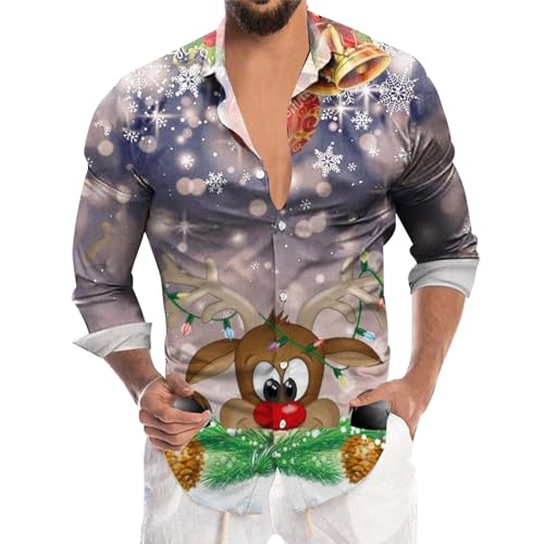 Warehouse Deal, Weihnachten Hemd Herren Lustig Rentier 3D Druck Langarm Weihnachtshemd - Lässig Button Down Weihnachts Hemd Xmas Freizeithemd Herbst Winter Christmas Shirts von DRALOFAO