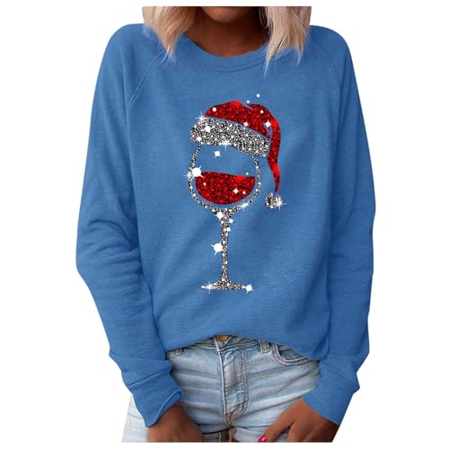 Warehouse Deal, Weihnachtsbluse Damen Lustig Rot Weinglas Druck Weihnachtsshirt - Weihnachtspulli Baumwolle Oberteile Longsleeve Pullover Xmas Rundhals Langarmshirt Shirt von DRALOFAO