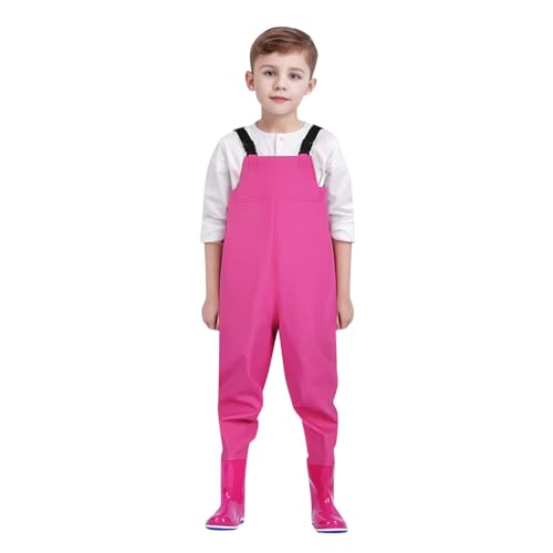 Wathose für Jungen und Mädchen - Wathose für Kinder, wasserdichte Regenhose mit Stiefeln,Junior Hosenträger Matschhose Regenstiefel,rutschfeste Sohle Gummistiefel für Jugendliche für 2-15 Jahre von DRALOFAO