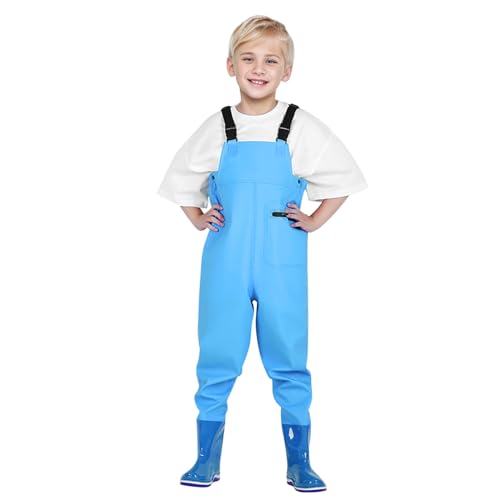 Wathose für Jungen und Mädchen - Wathose für Kinder, wasserdichte Regenhose mit Stiefeln,Junior Hosenträger Matschhose Regenstiefel,rutschfeste Sohle Gummistiefel für Jugendliche für 2-15 Jahre von DRALOFAO