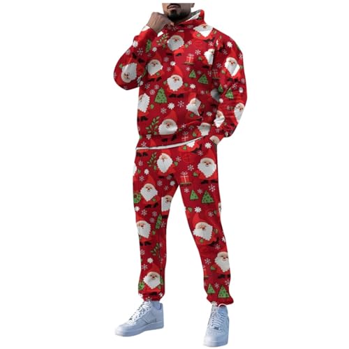 Weihnachts Anzug Herren Lustig Weihnachts Druck Weihnachtsanzug - Hoodie Und Jogginghose Set Casual Christmas 3D Drucke Kapuzenpullover Hose Jogginganzug Mit Tasche Für Männer 2-Teiliges Set von DRALOFAO