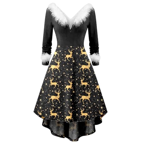 Weihnachtsfeier Outfit Damen, Kleid Damen Weihnachten Langarm Vintage Kleider - Weihnachtskleid Große Größen Festliche Christmas Weihnachtsrock V-Ausschnitt A Linien Cocktailkleid Partykleid von DRALOFAO