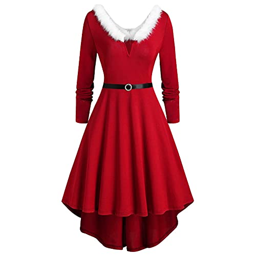 Weihnachtskleider Damen, Weihnachtskleid Damen Rot Lang Weihnachten Party Kleid V-Ausschnitt Elegant Weihnachtskleider Langarm Vintage Weihnachtsfrau Kostüm Ballkleid Christmas Dress Für Frauen von DRALOFAO