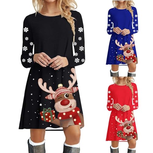 Weihnachtsoutfit, Lustig Weihnachtskleid Damen Langarm Weihnachten Kleider - Rentier Druck Pullover Kleid Rundhals Weihnachtsmotiv Kleid Herbst Winter Weihnachtsfeier Kleider Für Frauen von DRALOFAO