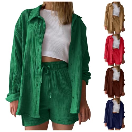 Zweiteiler Damen Outfits 2 Teiler Kleidung Musselin Zwei Teiler Set Leinen Set Casual Outfit Zweiteiliges Set Lounge Bluse Hemd Und Shorts Clothes Elegant Aesthetic Lounge Set Strand Piece Mode von DRALOFAO