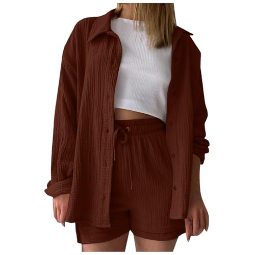 Zweiteiler Damen Outfits 2 Teiler Kleidung Musselin Zwei Teiler Set Leinen Set Casual Outfit Zweiteiliges Set Lounge Bluse Hemd Und Shorts Clothes Elegant Aesthetic Lounge Set Strand Piece Mode von DRALOFAO