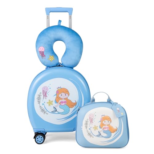 DREAMADE 4 TLG. Kinderkoffer-Set, Kinder Reisekoffer mit Rucksack, Nackenkissen & Kofferanhänger, Trolley Handgepäck für Kinder ab 3 Jahren, 38 x 21 x 57 cm Reisetrolley mit Rollen (Blau) von DREAMADE