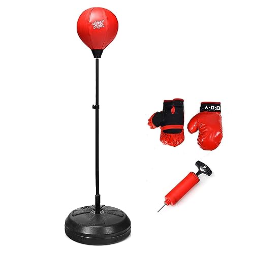 DREAMADE Boxset Boxstand für Kinder, Punchingball Set höhenverstellbar von 122cm-154cm, Punching Standbox für Kinder über 8 Jahre alt, Standboxsack mit Boxhandschuhen & Pumpe, Rot & Schwarz von DREAMADE