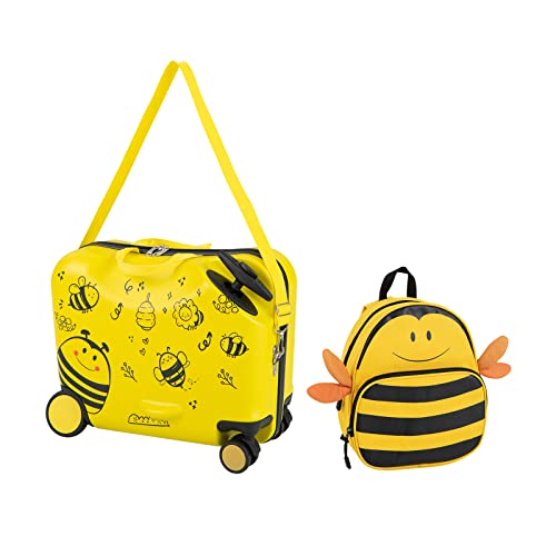 DREAMADE Kinderkoffer zum Draufsitzen, 2 TLG. Kinderkoffer mit Rucksack 18”+12”, Kindergepäck Trolley zum Reisen, Reisetrolley Kinder Trolley Set (Gelb-Biene) von DREAMADE