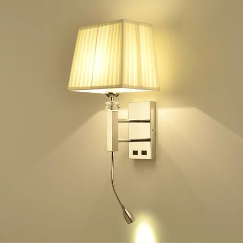 DRINGP Wandlampe, verchromte Nachttisch-Wandleuchte mit quadratischem Stoffschirm und Schaltern, Flexible Lesebeleuchtung fürs Bett, Moderne kabelgebundene Wandlampe aus Stahl, Lese-Spotlight von DRINGP