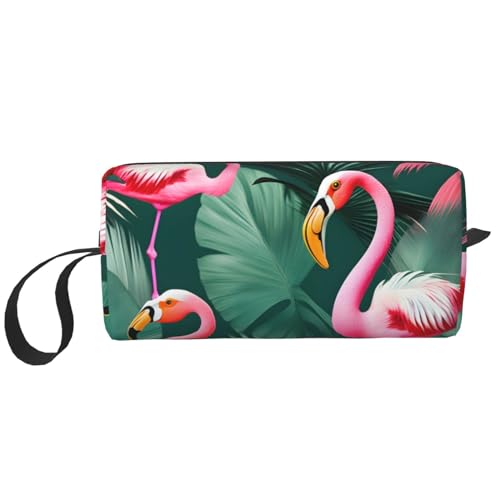 DRTGEDS Kosmetiktasche für Paare, Palmblatt und Flamingos, kleine Make-up-Tasche für Geldbörse, Make-up-Tasche, Reise-Make-up-Tasche mit Reißverschluss, Palmblatt- und Flamingo-Paar, Einheitsgröße von DRTGEDS