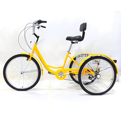 DRXRD Dreirad für Erwachsene, 24 Zoll 7 Gang Dreiradfahrräder mit großem Korb, Trike für Senioren, Frauen, Männer Yellow von DRXRD