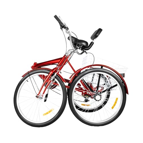 DSYOGX Dreirad für Erwachsene, 24 Zoll 7 Gang Erwachsener 3-Rad Fahrrad Klappbares Transportieren und Aufzubewahren Tricycle for Adults für Unterhaltung, Einkaufen, Sport, Rot von DSYOGX