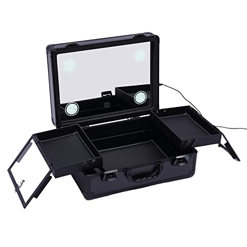 DSYOGX Friseurkoffer Schminkkoffer Groß Kosmetik Aufbewahrungsbox mit 4 Dimmbaren LED-Leuchten und Spiegel für die Aufbewahrung von Kosmetika und Hautpflegeprodukten (Schwarz) von DSYOGX