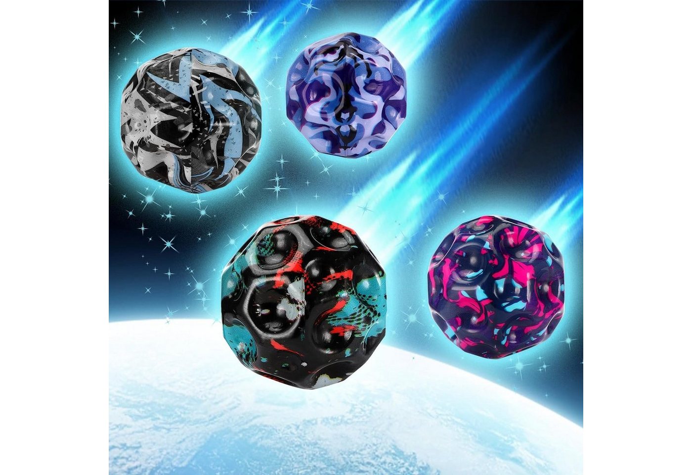 DTC GmbH Spielball Astro Jump Ball, 4-St Space Moon Ball, Mini Jump Ball (Super High Bouncing Lightweight Springen Ball, Hüpfbälle, 4-St), Bouncy Balls, Interaktives Spielzeug zum Stressabbau von DTC GmbH