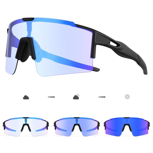 DUDUKING Fahrradbrille Selbsttönend Herren Damen, Sport Sonnenbrille Sportbrille Photochromatisch für rennrad MTB Baseball Laufen TR90 Rahmen UV400 Schutz (Blau) von DUDUKING