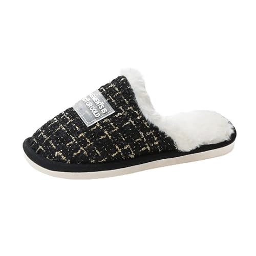 DUOMIYX Hausschuhe Frauen Trendy Plaid Winter Home Pantoffeln Plüschfutter Warme Hausschuhe-Schwarz-37/38 von DUOMIYX