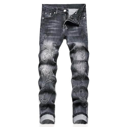 DUOMIYX Jeans Männer Modedruck Gerade Jeans Dehnen Schlanke Jeans-Schwarz-36 von DUOMIYX