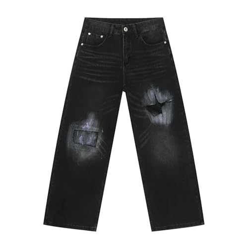 DUOMIYX Jeans Männer Modische Patch -Jeans Lässige Losen Glatten Jeans-Schwarz-S von DUOMIYX