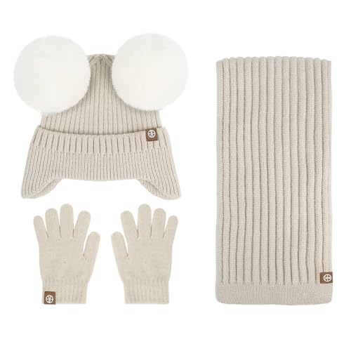 DUOMIYX Schal 3-Pack-Kinder Winddicht Warm Gestrickte Schal-Ohrschutzhut Und Plüschhandschuhe, 2-8 Jahre Alt-Beige von DUOMIYX