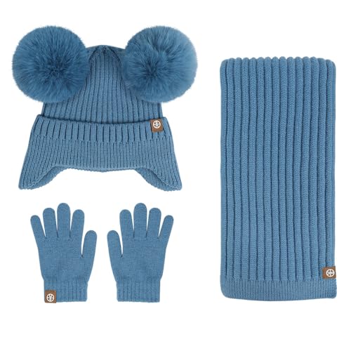 DUOMIYX Schal 3-Pack-Kinder Winddicht Warm Gestrickte Schal-Ohrschutzhut Und Plüschhandschuhe, 2-8 Jahre Alt-Blau von DUOMIYX