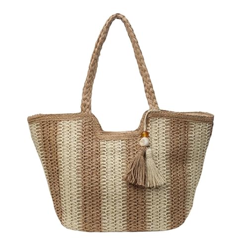 DUOMIYX Strohtaschen Frauen Mode Gestreifte Strohbeutel Sommer Am Meer Urlaub Große Kapazität Tasche Tasche-Beige von DUOMIYX