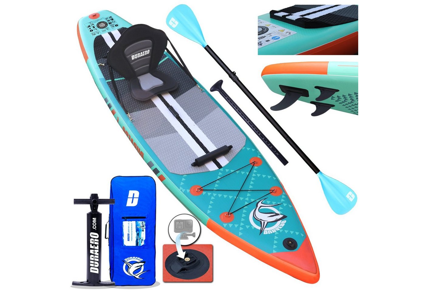 DURAERO Inflatable SUP-Board Stand up Paddling Board, Action-Cam Halterung, 330x76x15cm, bis 150kg von DURAERO