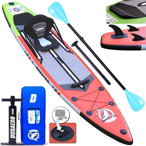 Stand up Paddle Board Aufblasbare SUP Board Set, 330x76x15cm, 3 abnehmbare Flosse, Kajak Sitz, Verstellbares Doppel-Paddel, Cam Halterung, Komplettes Zubehör, Tragkraft bis 150kg, Rot von DURAERO